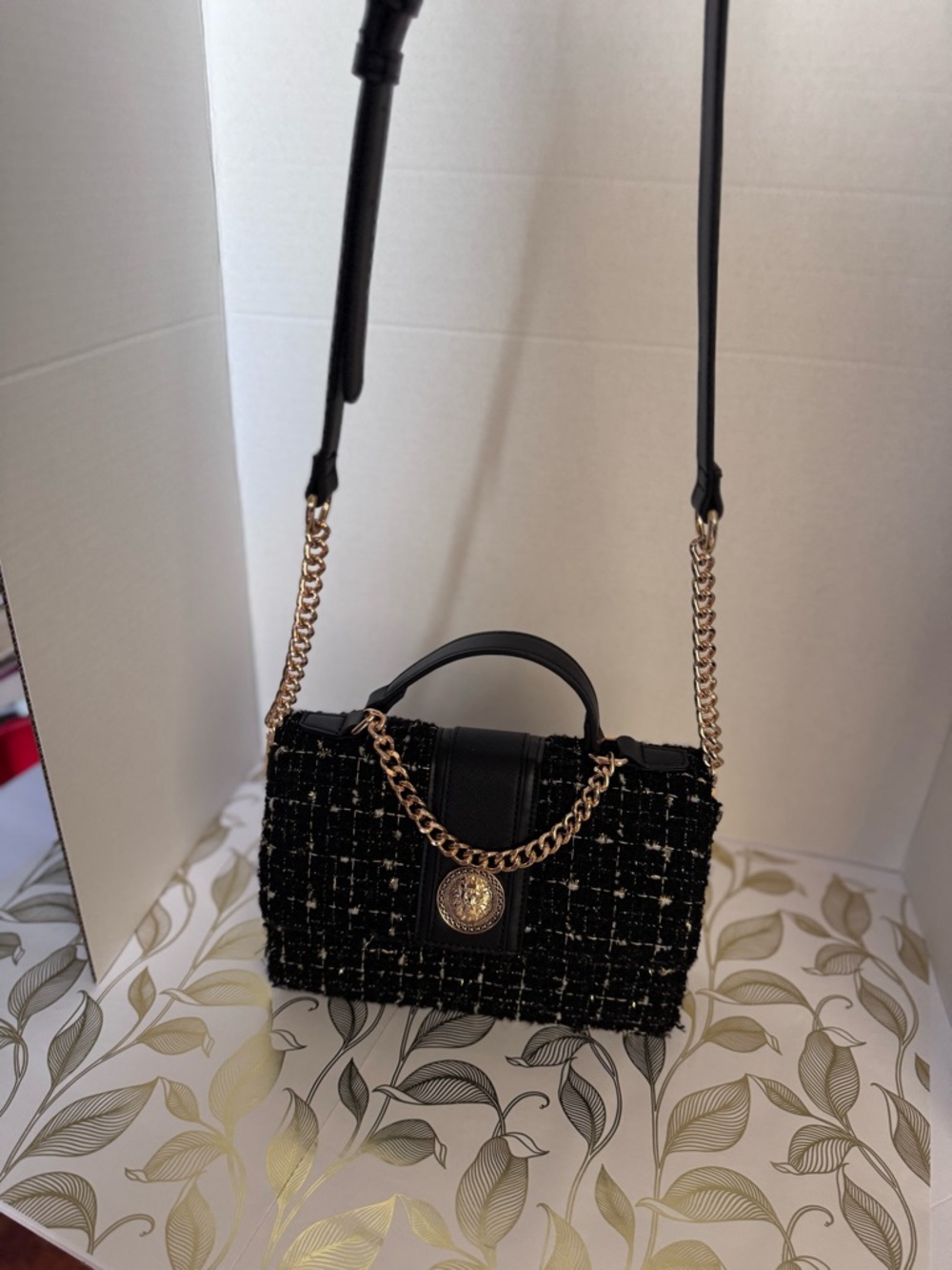 ALDO Black Tweed Top-Handle Bag with Gold Chain Accent - Picture 4 of 11